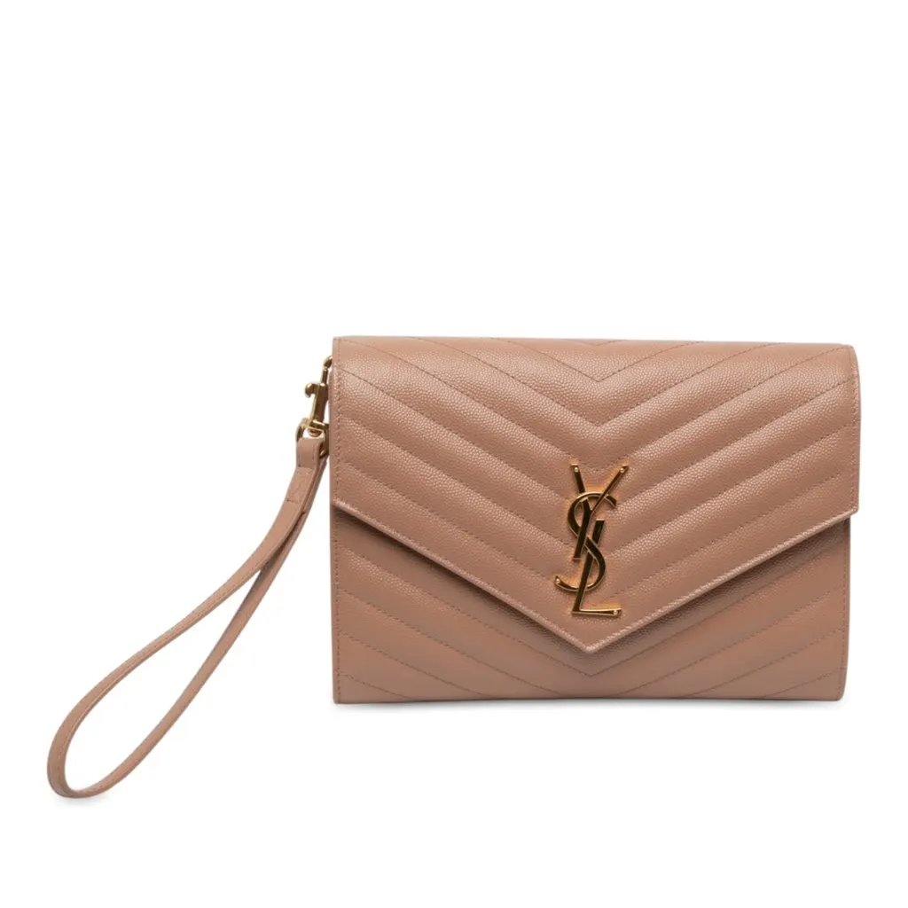 Saint Laurent Grain De Poudre Cassandre Matelasse Flap Pouch Brown Leather Very good - Front View