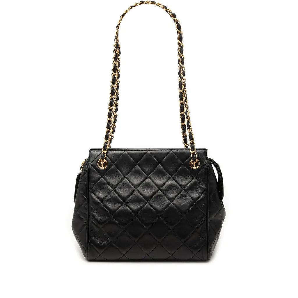 Chanel Quilted Lambskin Tote Black Leather Very good - Front View