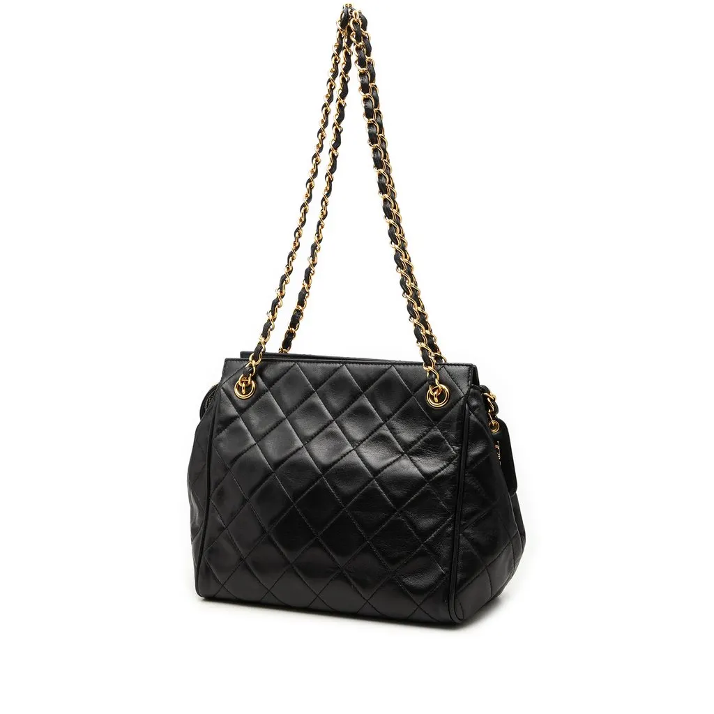Chanel Quilted Lambskin Tote Black Leather Very good - Back View