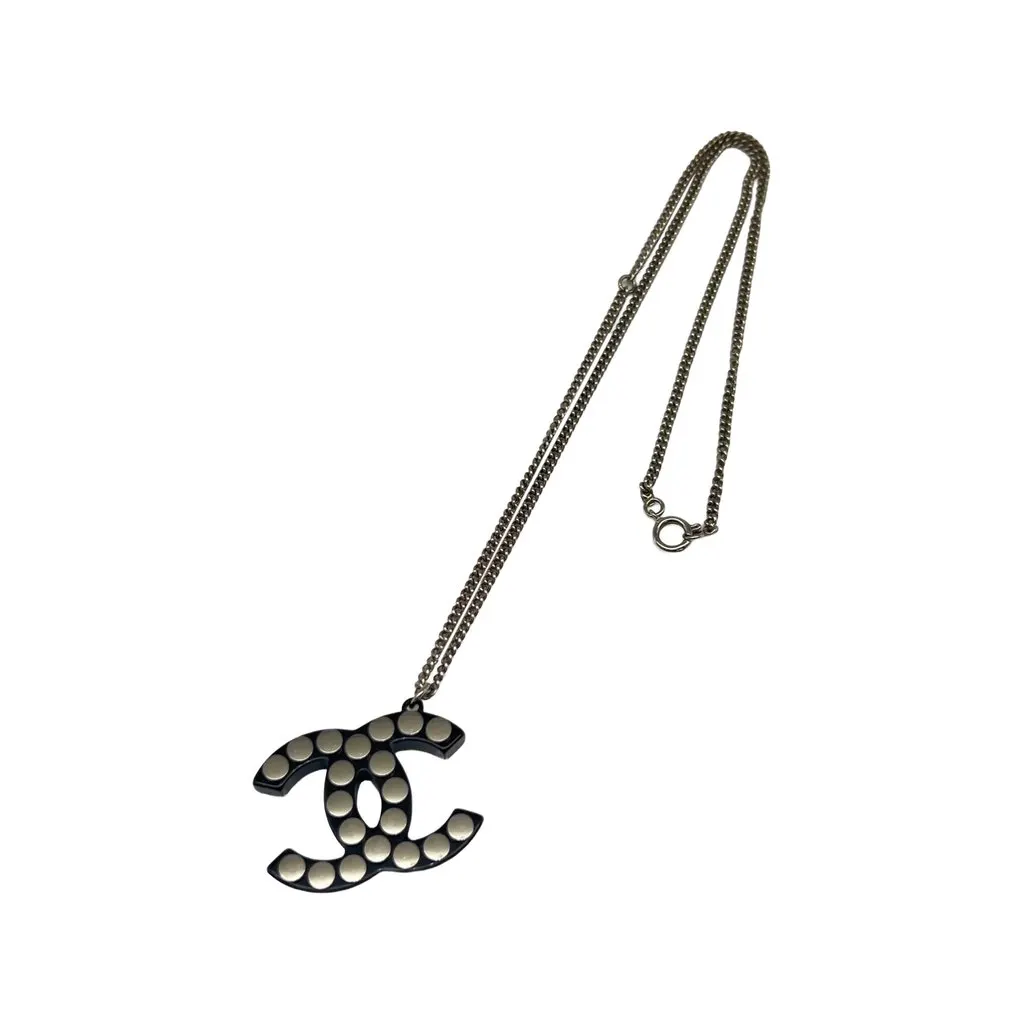 Chanel CC Brass Resin Studded Pendant Necklace Silver Brass Very good - Back View
