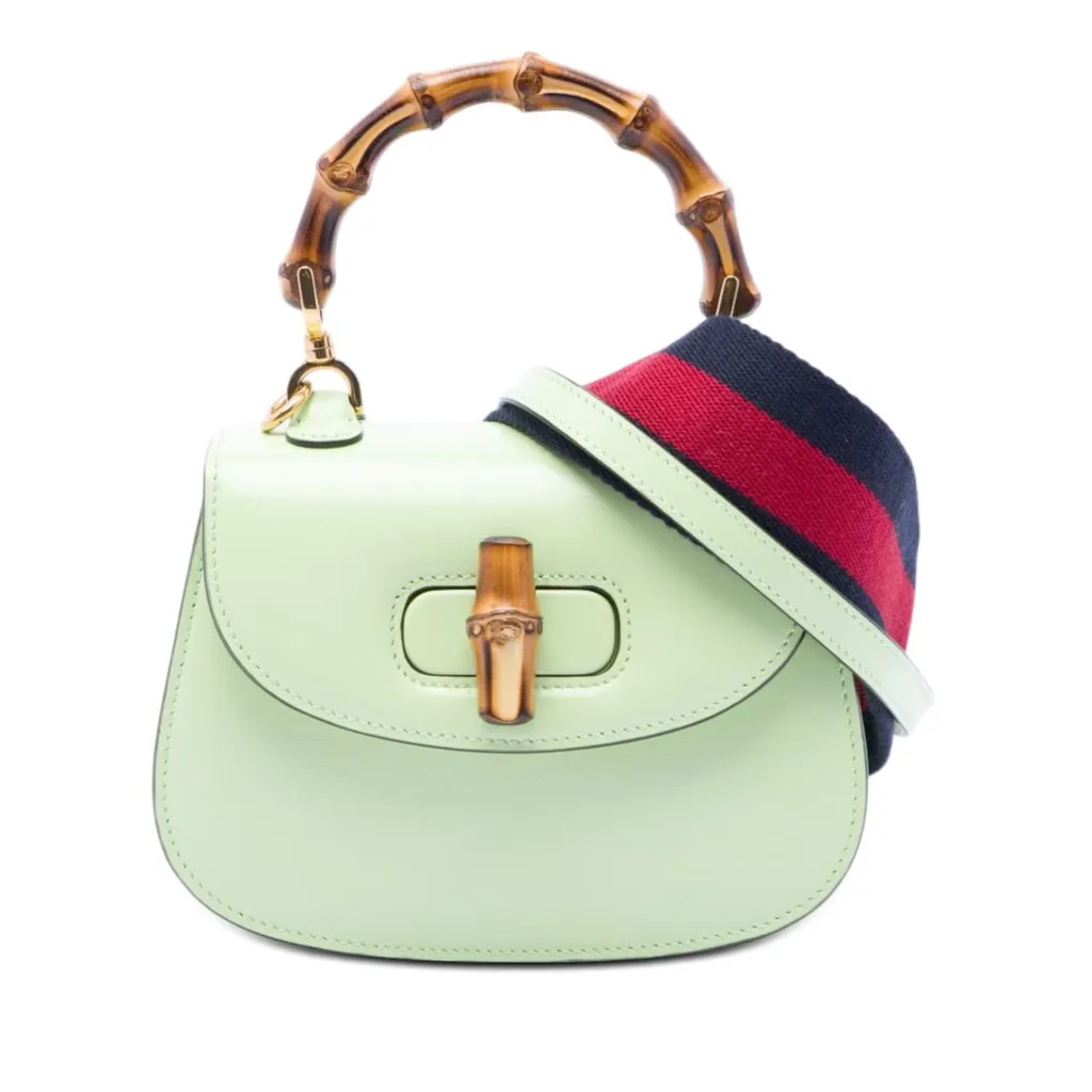 Gucci Mini Calfskin Web 1947 Bamboo Top Handle Bag Green Leather Very good - Front View