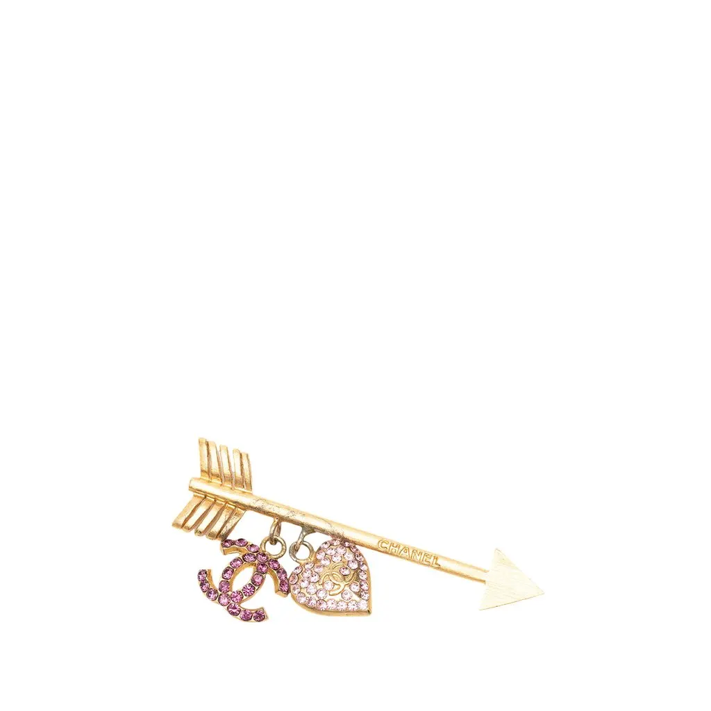 Chanel CC Gold Plated Strass Arrow Heart Charm Pin Brooch Gold Metal Very good - Front View