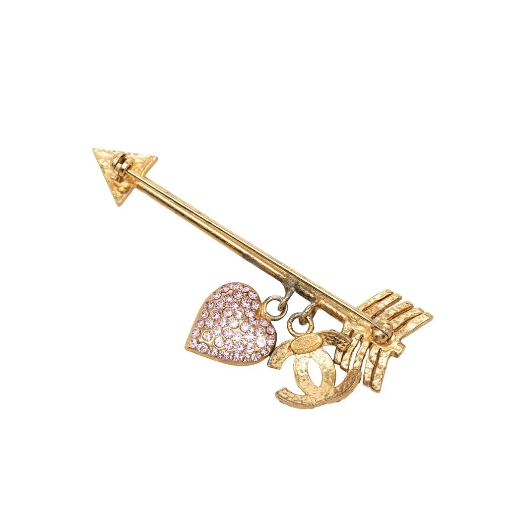 Chanel CC Gold Plated Strass Arrow Heart Charm Pin Brooch Gold Metal Very good - Back View