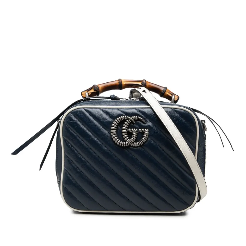 Gucci Small GG Marmont Matelasse Diagonal Calfskin Torchon Bamboo Satchel Blue Leather Very good - Front View