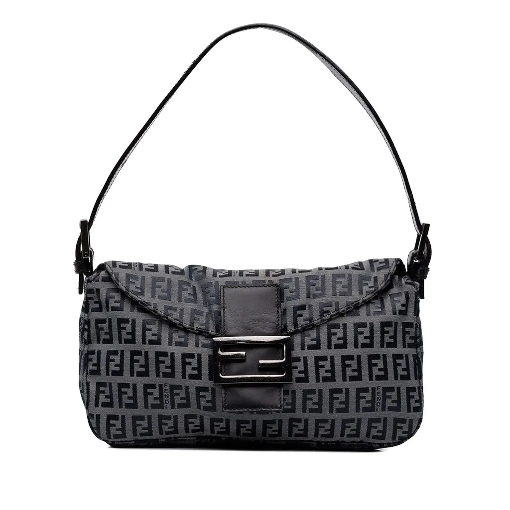 Fendi Zucchino Canvas Double Flap Shoulder Bag Grey Canvas Good - Front View
