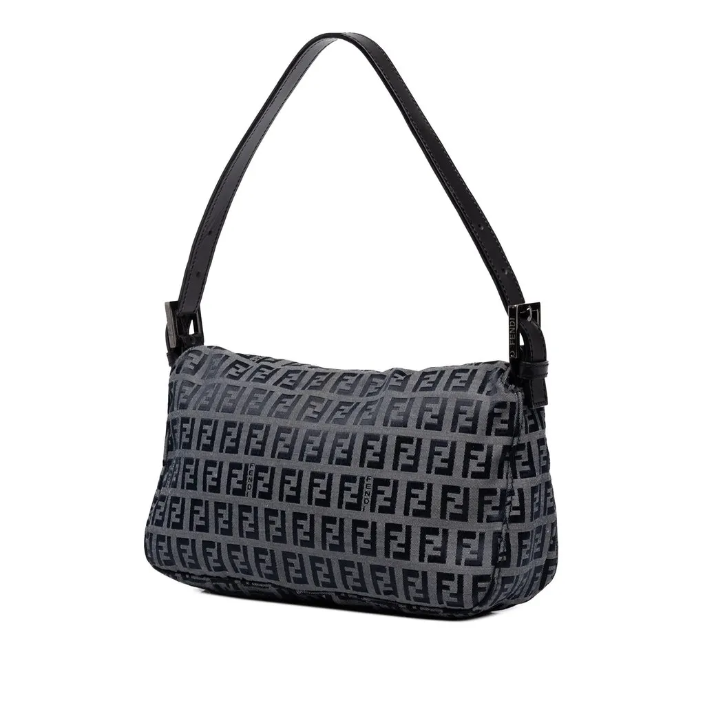 Fendi Zucchino Canvas Double Flap Shoulder Bag Grey Canvas Good - Back View