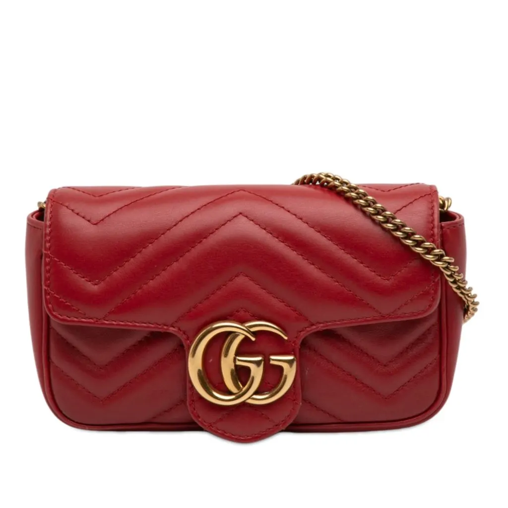 Gucci Mini GG Marmont Matelasse Leather Flap Crossbody Red Leather Good - Front View