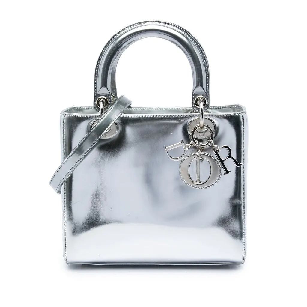Dior Medium Metallic Patent Lady Dior Silver Leather Very good - Front View