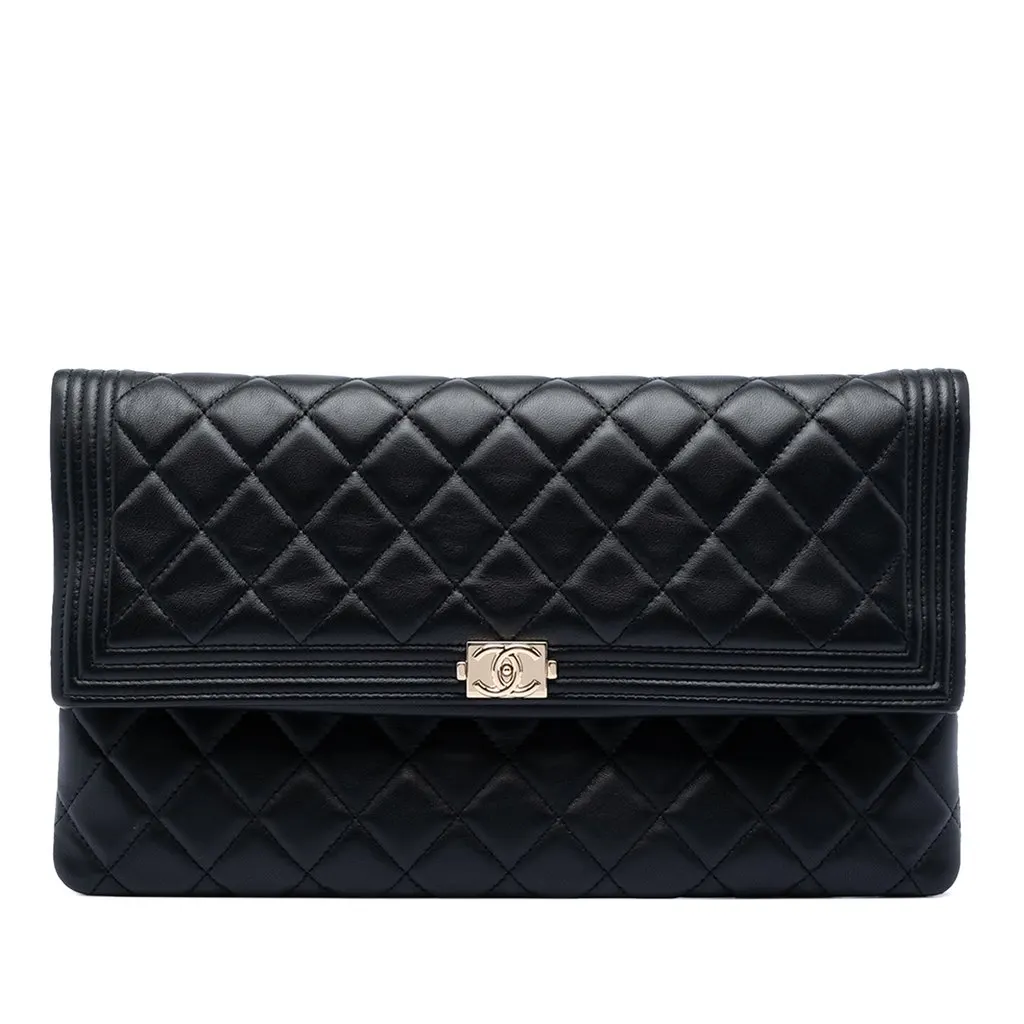 Chanel CC Quilted Lambskin Beauty Foldover Boy Clutch Black Leather Very good - Front View