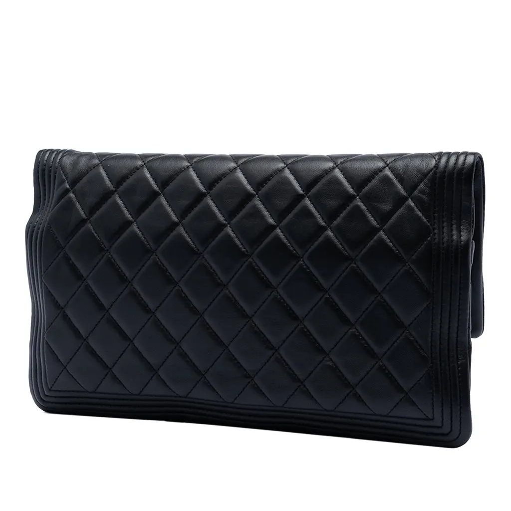 Chanel CC Quilted Lambskin Beauty Foldover Boy Clutch Black Leather Very good - Back View