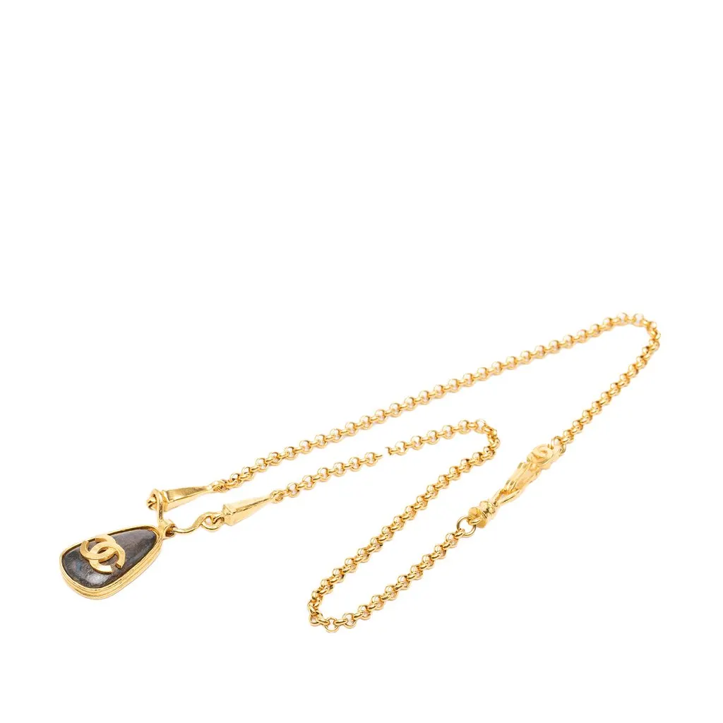 Chanel CC Gold Plated Teardrop Logo Pendant Necklace Gold Metal Very good - Box View