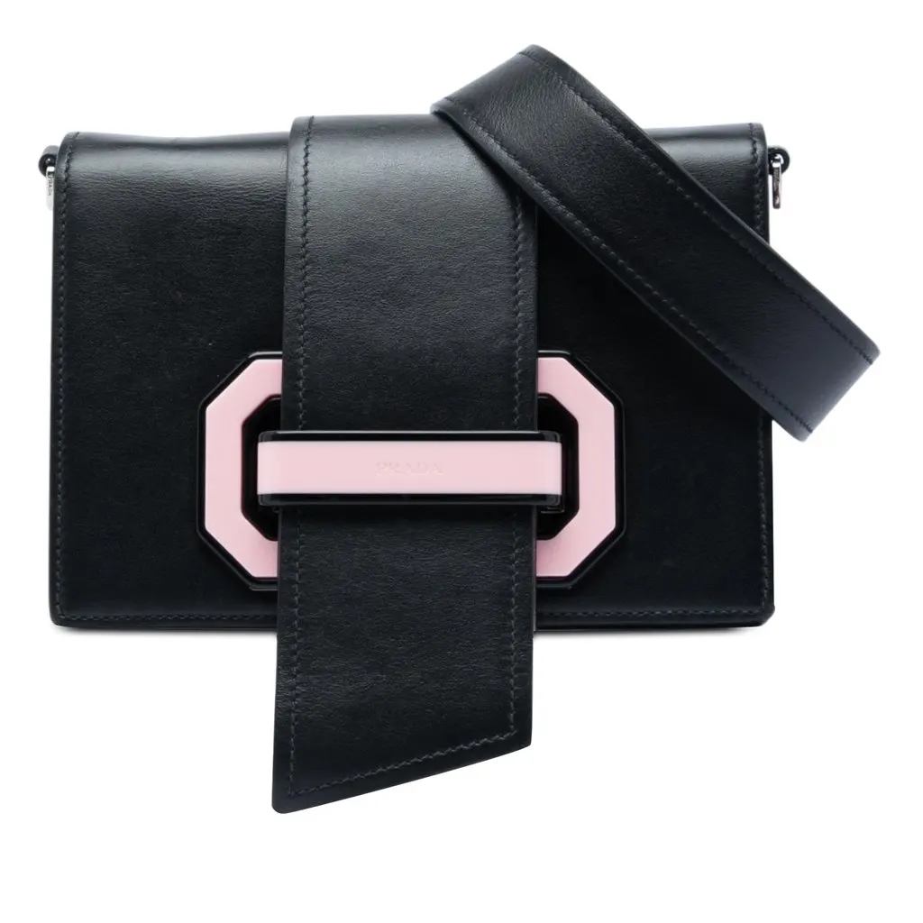 Prada City Calf Plex Ribbon Crossbody Black Leather Good - Front View