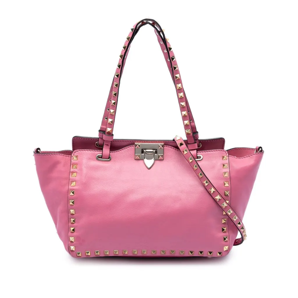 Valentino Small Leather Rockstud Trapeze Satchel Pink Leather Very good - Front View