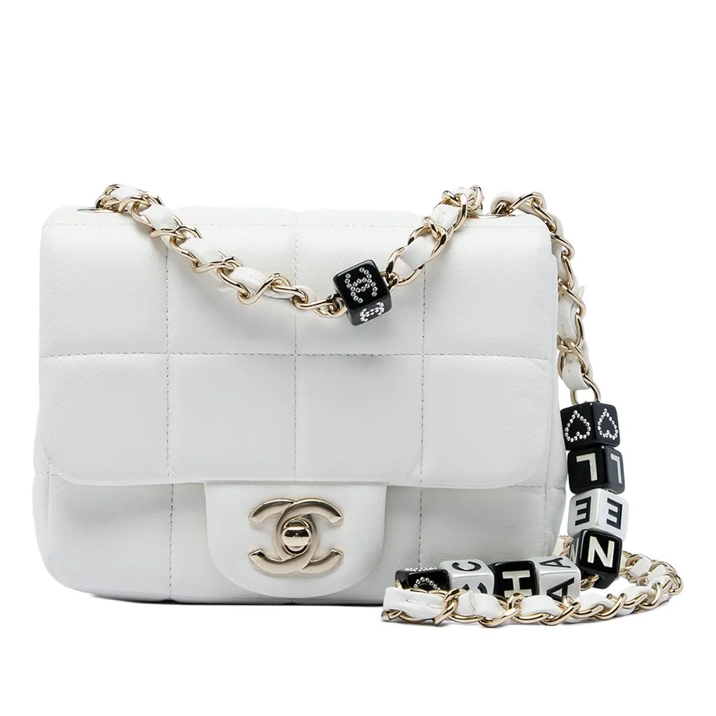 Chanel Mini Quilted Lambskin Resin Crystal Square Monacoco Flap White Leather Very good - Front View