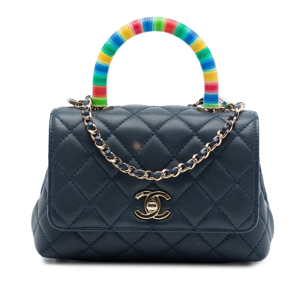 Chanel Extra Mini Quilted Lambskin Rainbow Coco Top Handle Bag Blue Leather Very good - Front View