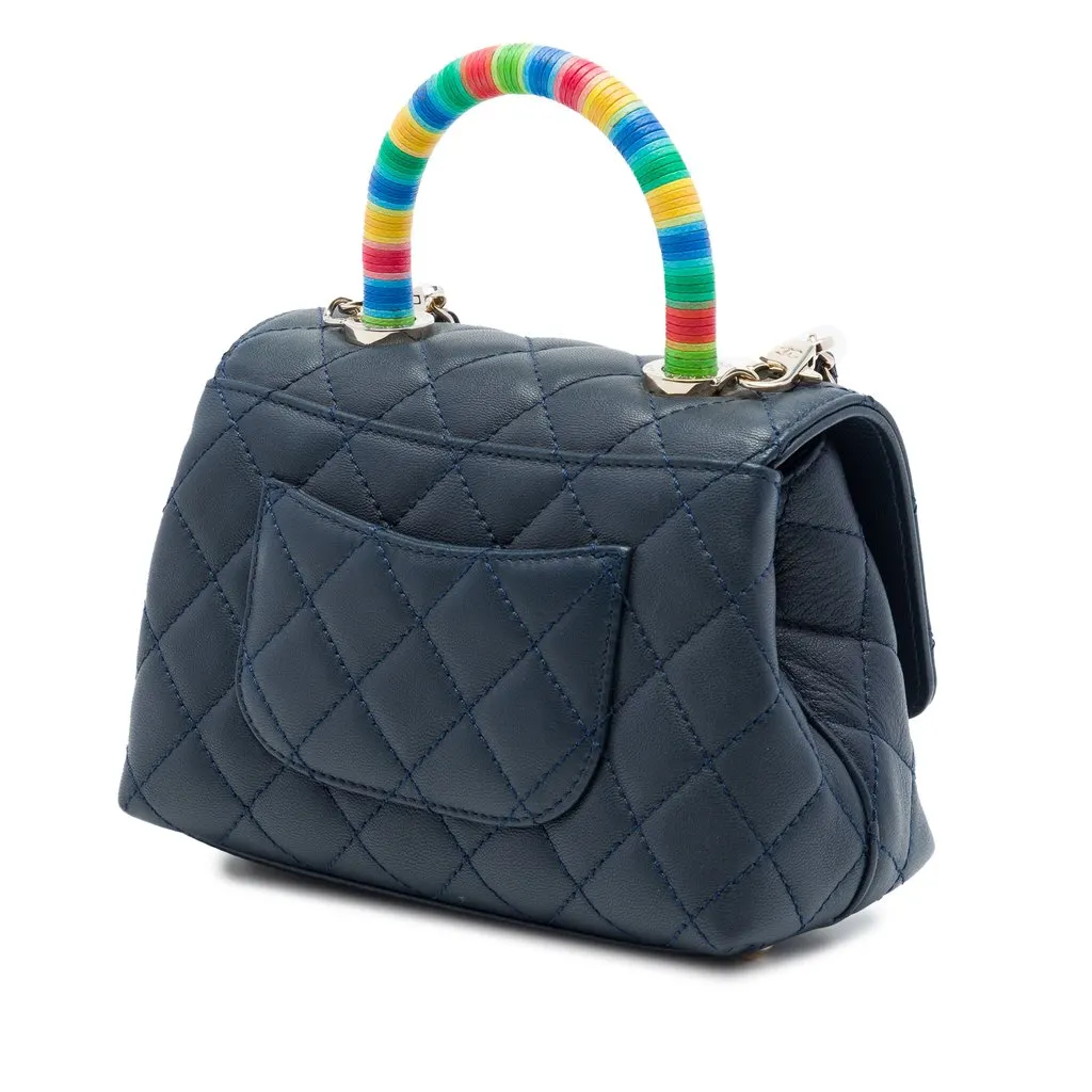 Chanel Extra Mini Quilted Lambskin Rainbow Coco Top Handle Bag Blue Leather Very good - Back View