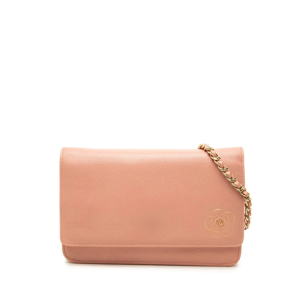 Chanel CC Calfskin Camellia Wallet On Chain Pink Leather Good - Front View
