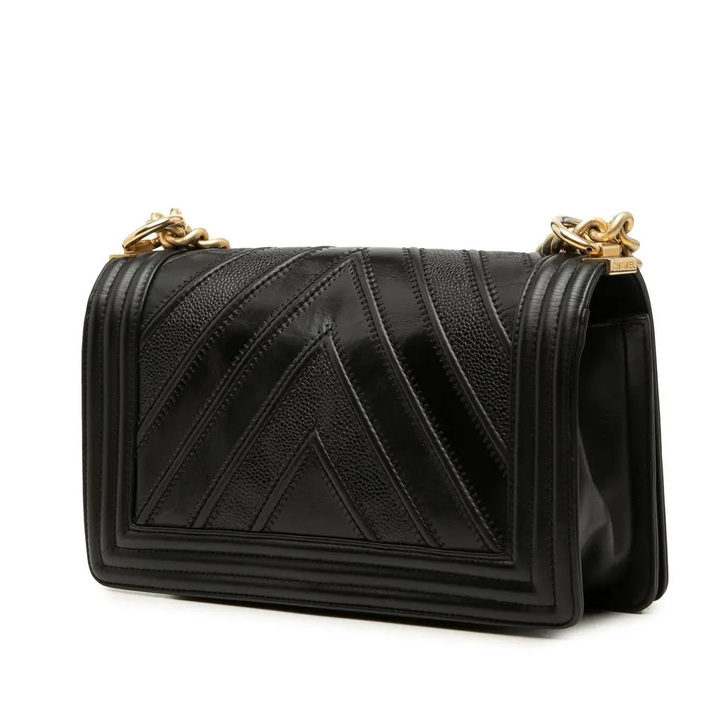 Chanel Old Medium Chevron Mixed Leather Boy Flap Black Leather Very good - Back View