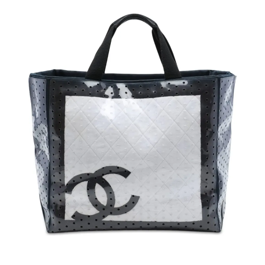 Chanel CC Quilted Cotton and PVC Punching Tote White Plastic Very good - Front View