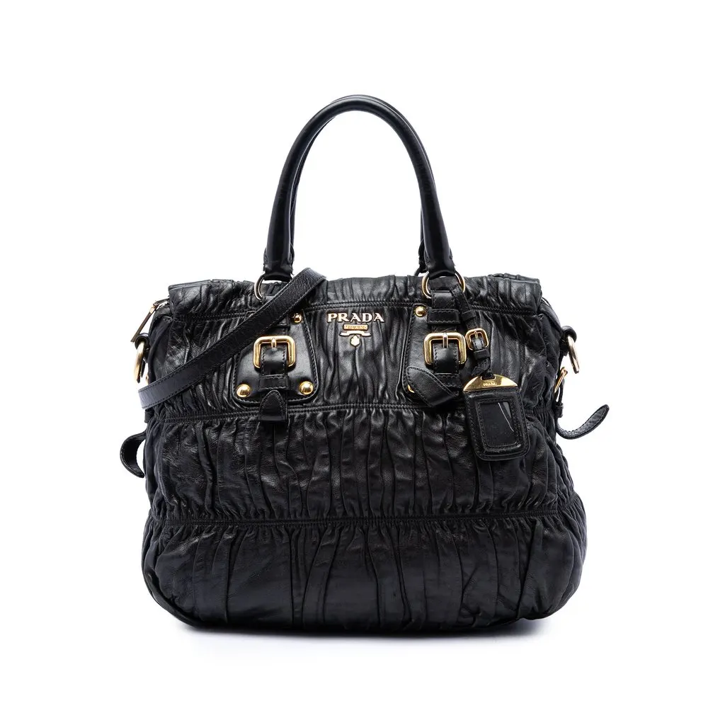 Prada Nappa Gaufre Satchel Black Leather Good - Front View