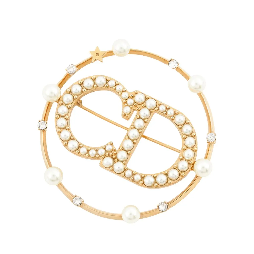 Dior Gold Plated Crystal and Faux Pearl Clair D Lune Brooch Gold Metal Very good - Front View