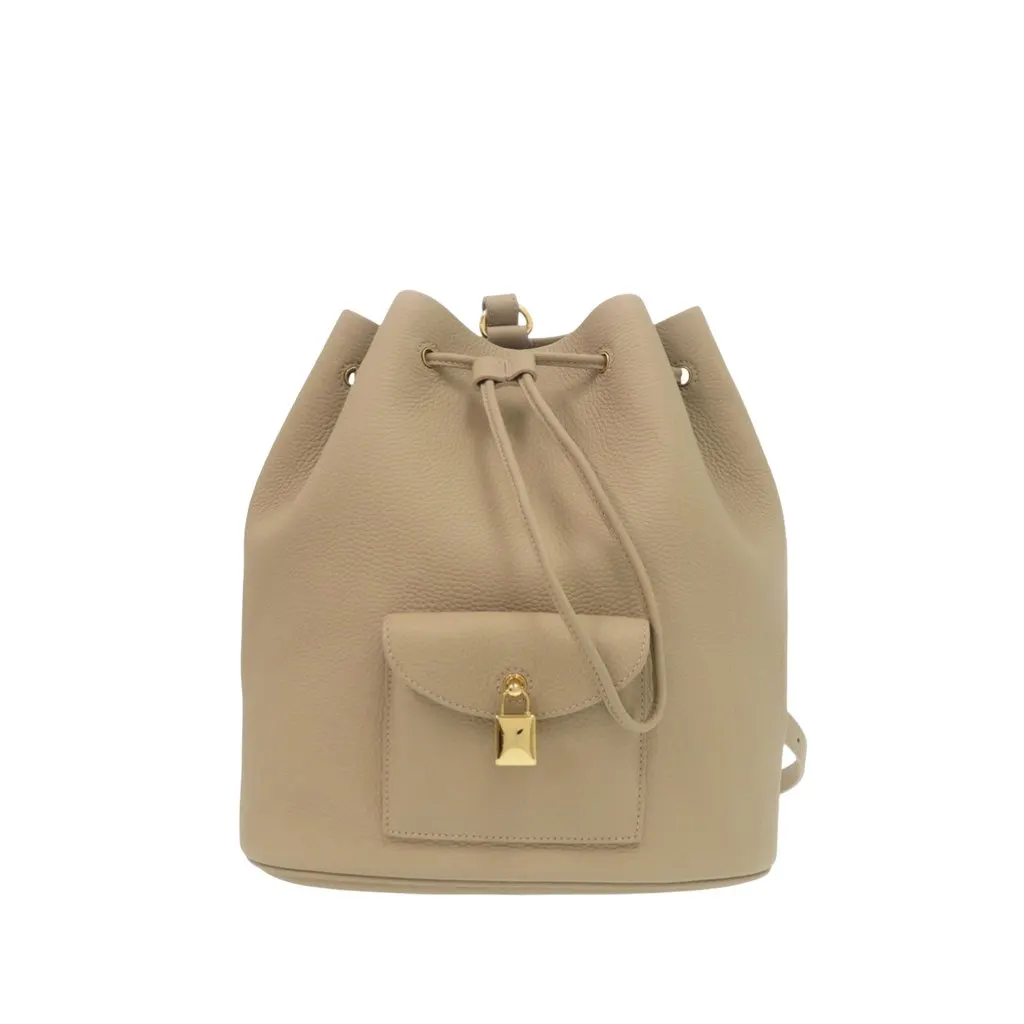 Loro Piana Grained Calfskin Extra Drawstring Backpack Beige Leather Very good - Front View