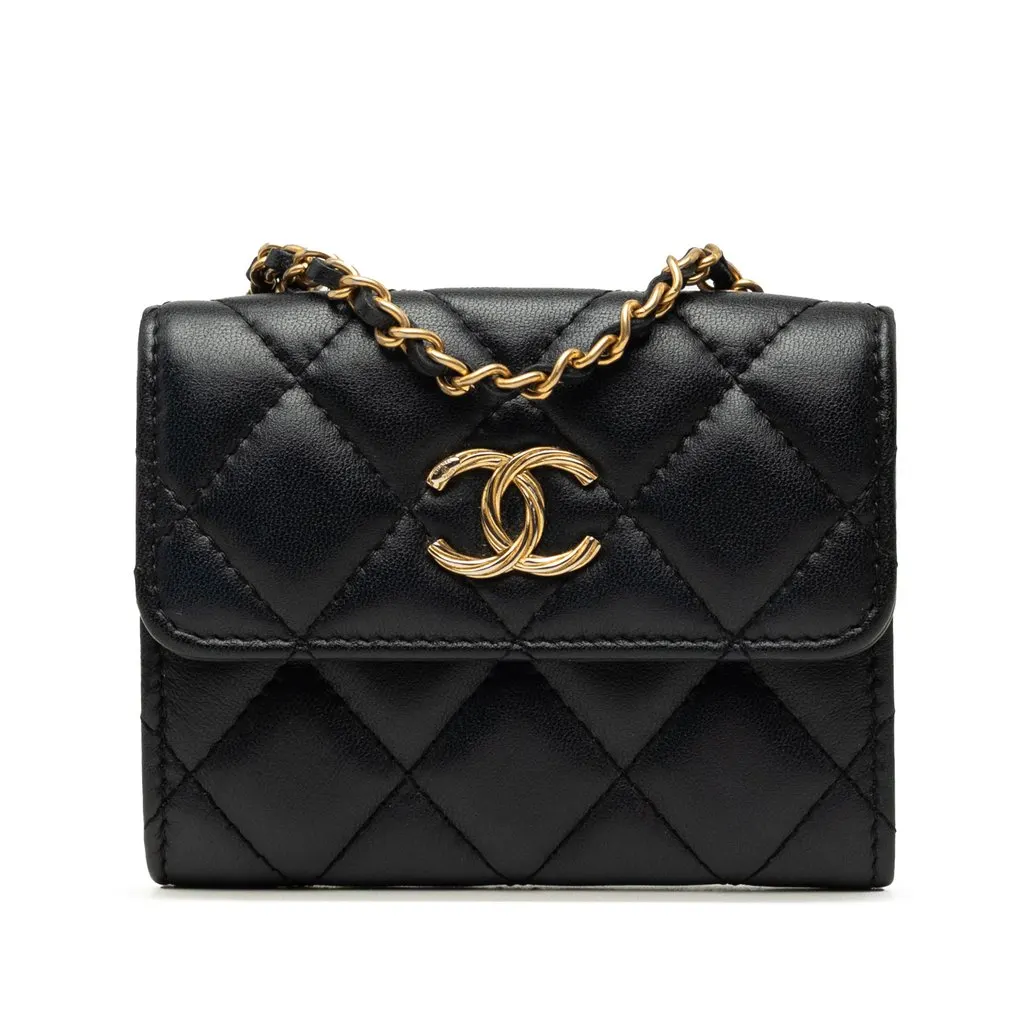 Chanel CC Quilted Lambskin Card Holder On Chain Black Leather Very good - Front View