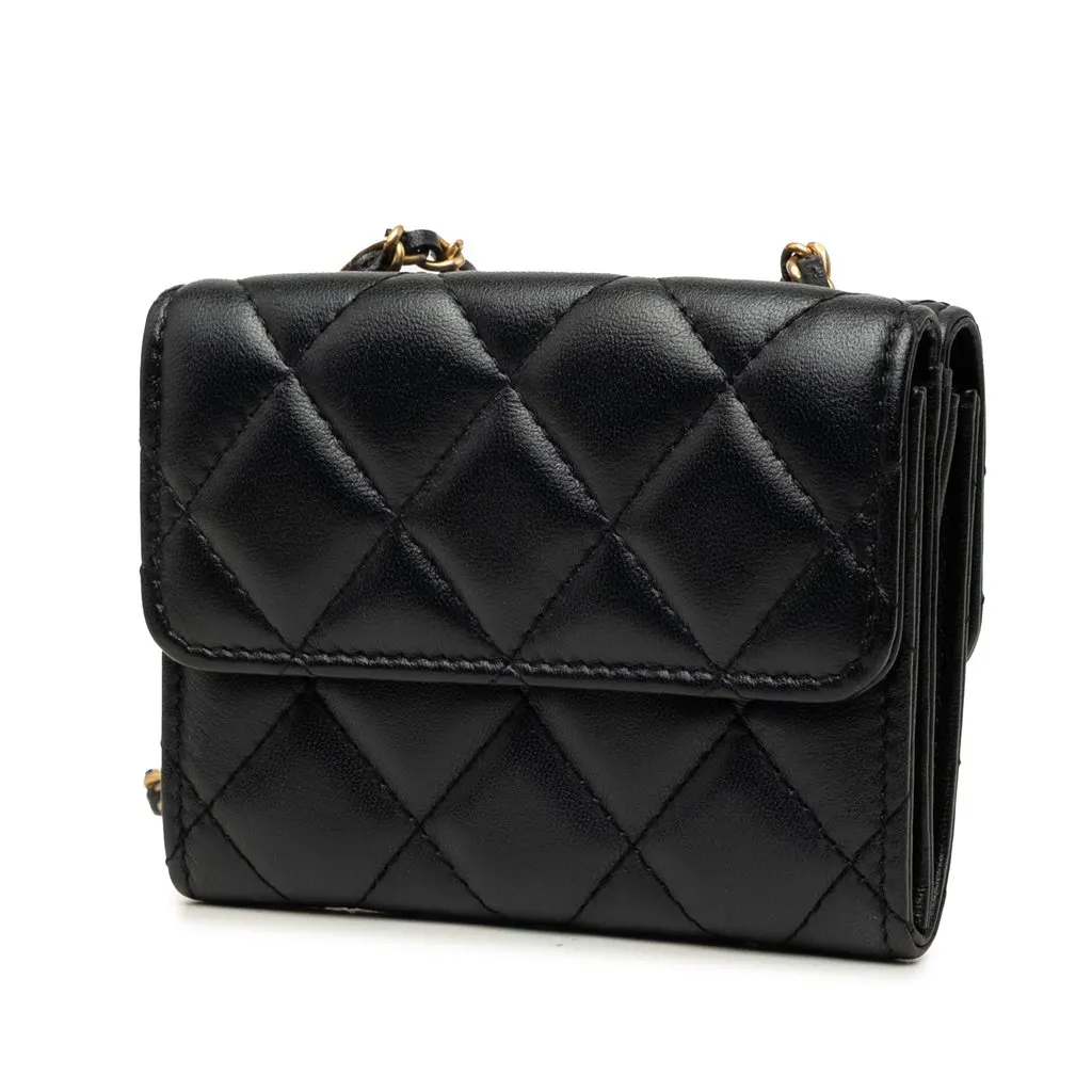 Chanel CC Quilted Lambskin Card Holder On Chain Black Leather Very good - Back View