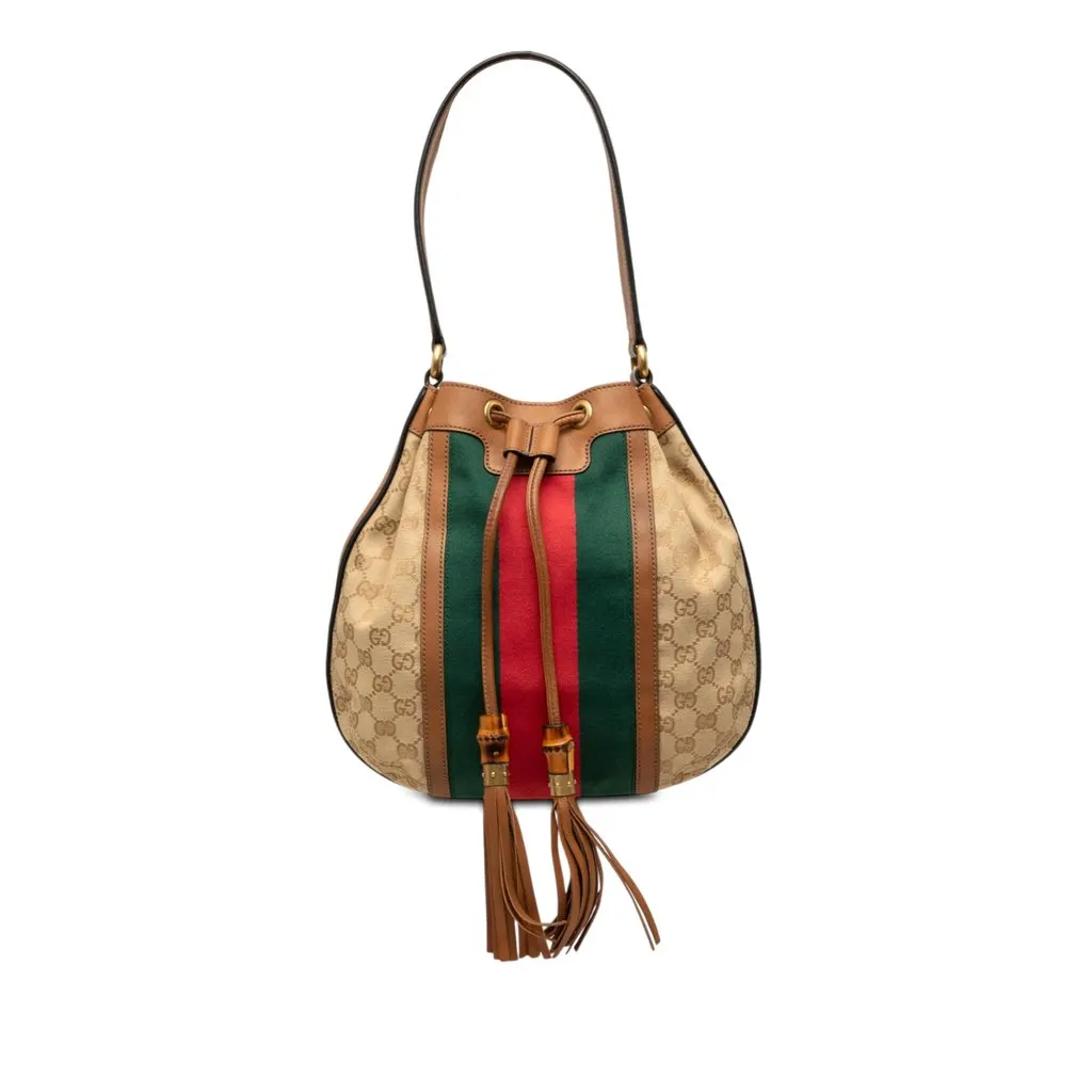 Gucci GG Canvas Web Rania Drawstring Hobo Beige Canvas Good - Front View