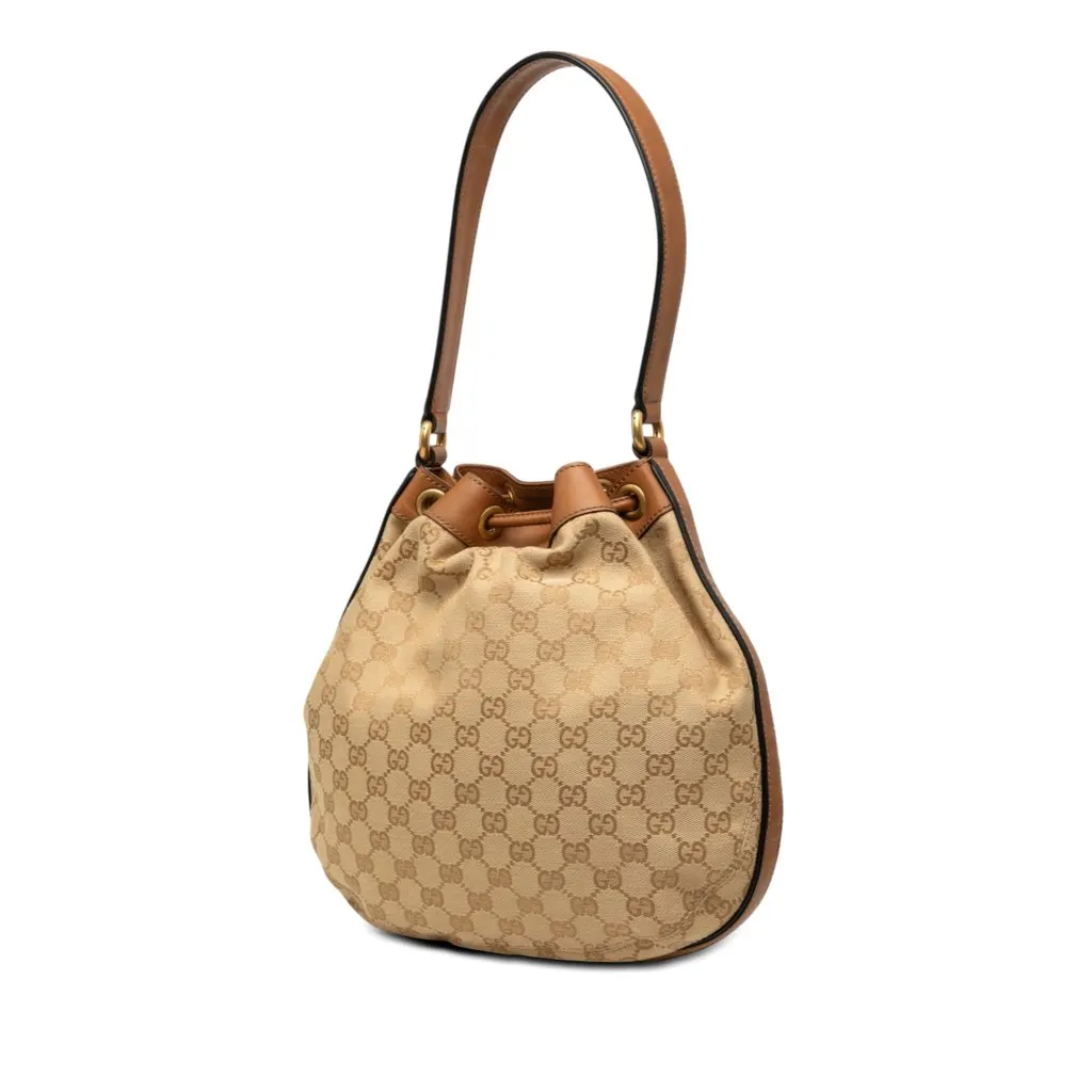 Gucci GG Canvas Web Rania Drawstring Hobo Beige Canvas Good - Back View