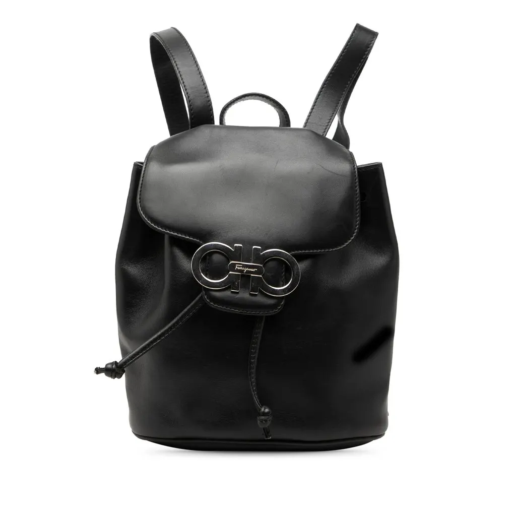 Salvatore Ferragamo Leather Double Gancini Backpack Black Leather Very good - Front View