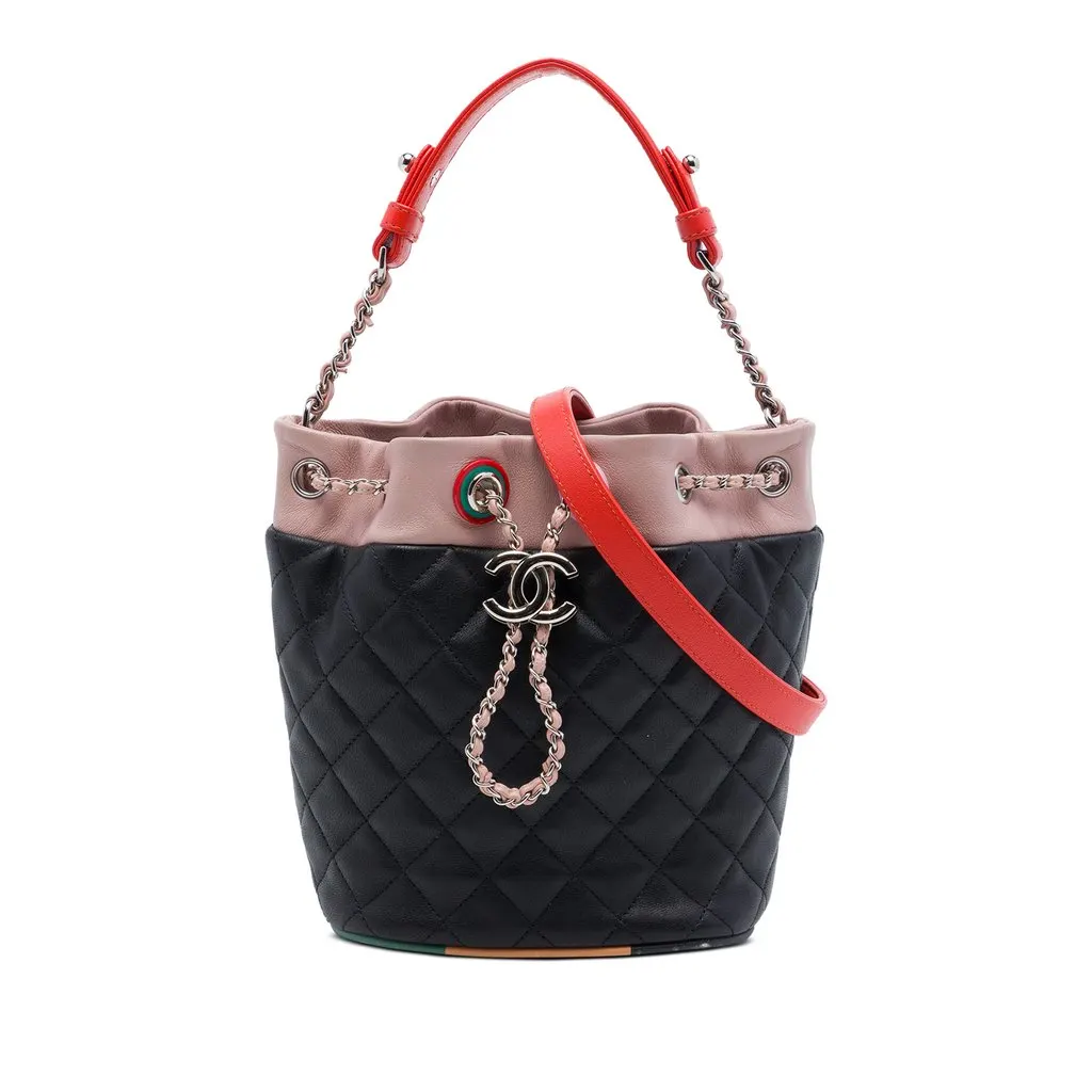 Chanel CC Multicolor Quilted Lambskin Cuba Drawstring Bucket Bag Black Leather Very good - Front View
