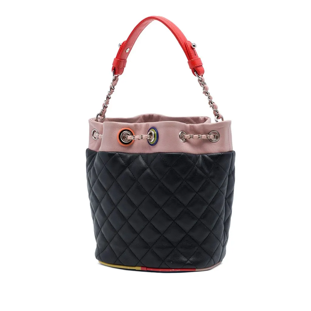 Chanel CC Multicolor Quilted Lambskin Cuba Drawstring Bucket Bag Black Leather Very good - Back View