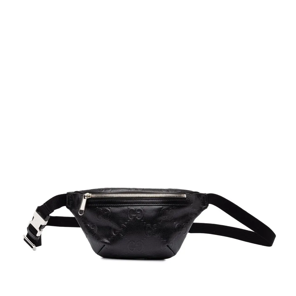 Gucci GG Embossed Perforated Calfskin Belt Bag Black Leather Good - Front View