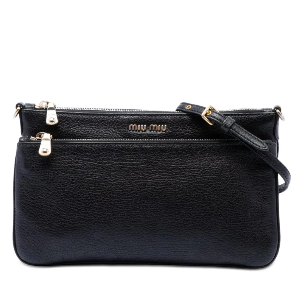 Miu Miu Goatskin Madras Double Zip Crossbody Black Leather Very good - Front View