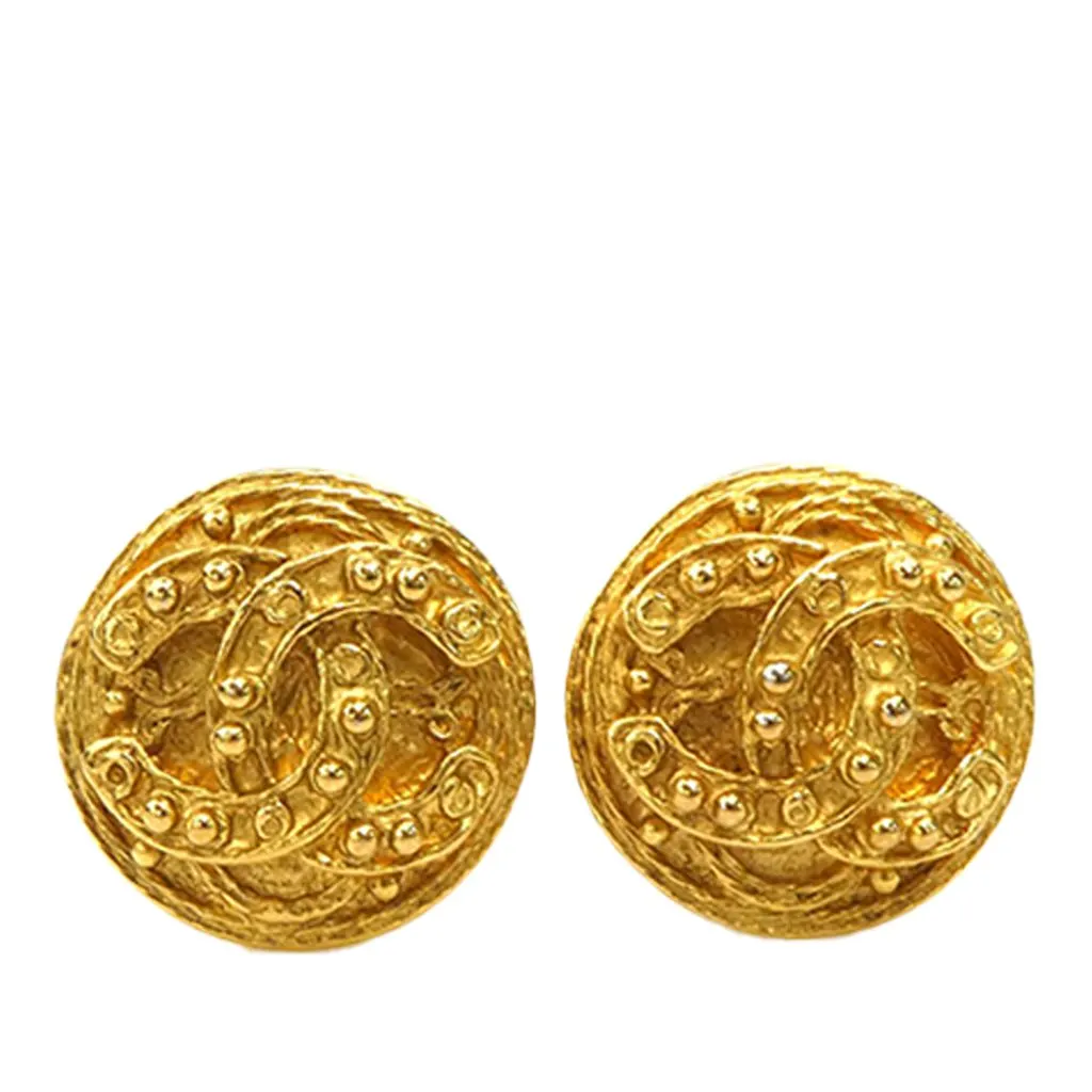 Chanel CC Gold Plated Round Clip On Earrings Gold Metal Very good - Front View