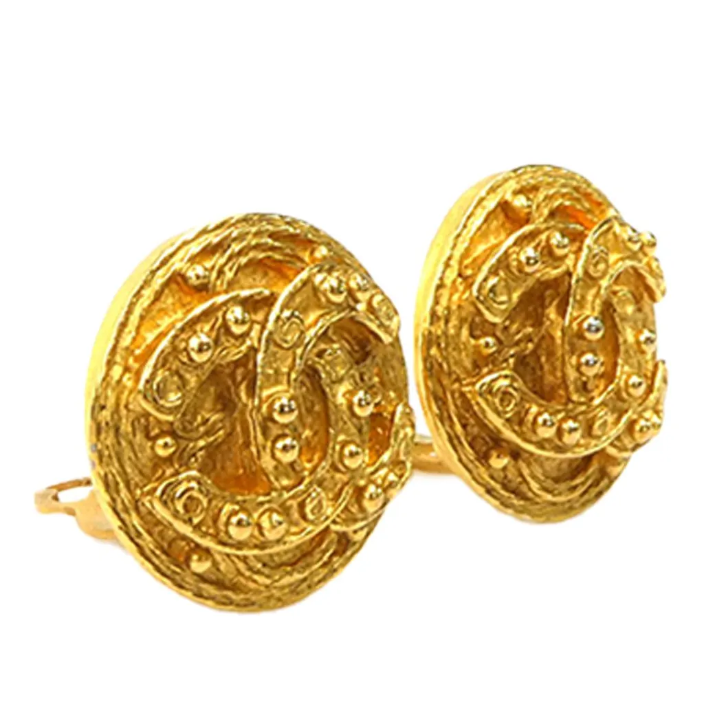 Chanel CC Gold Plated Round Clip On Earrings Gold Metal Very good - Back View