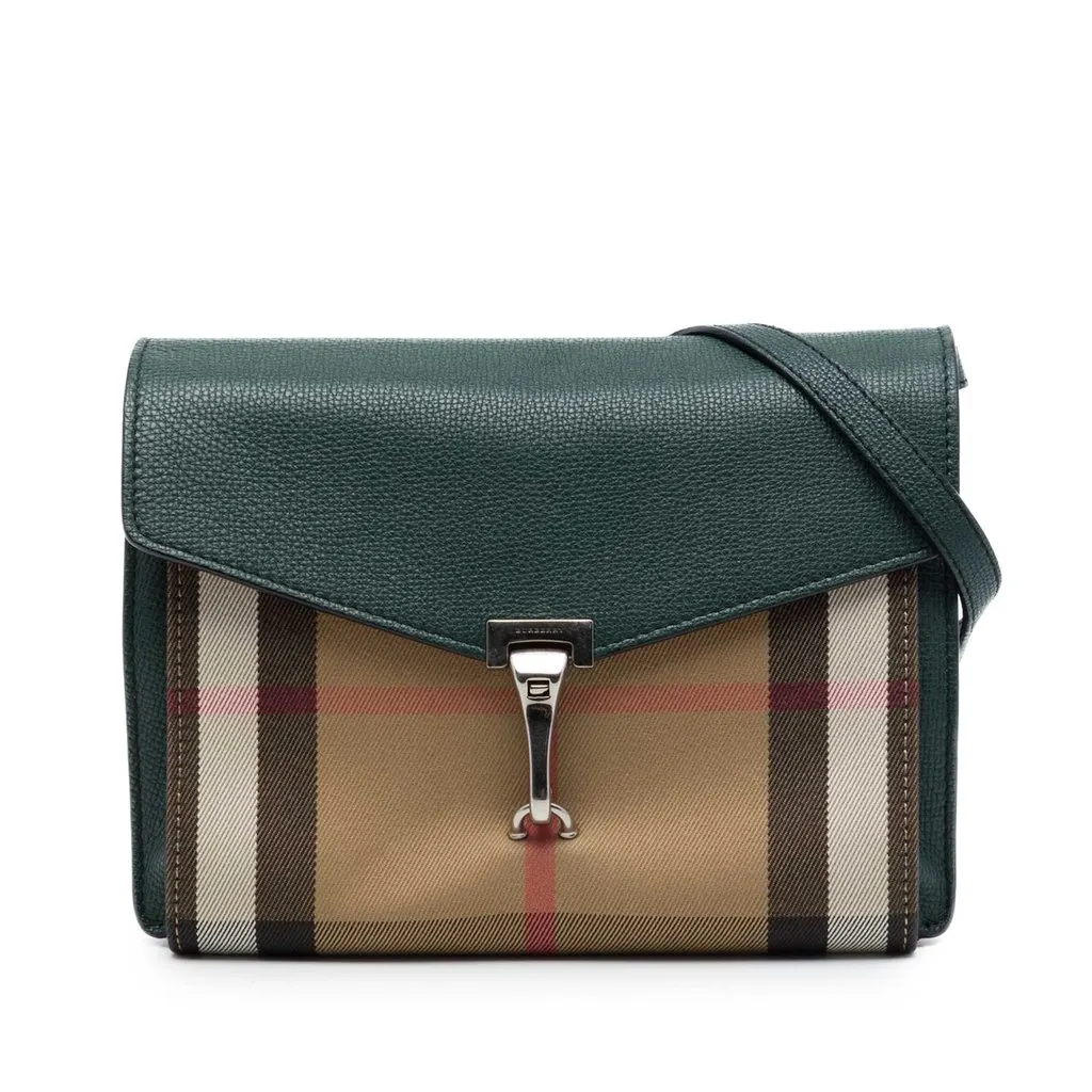 Burberry Small Leather and House Check Canvas Derby Macken Crossbody Green Leather Good - Front View