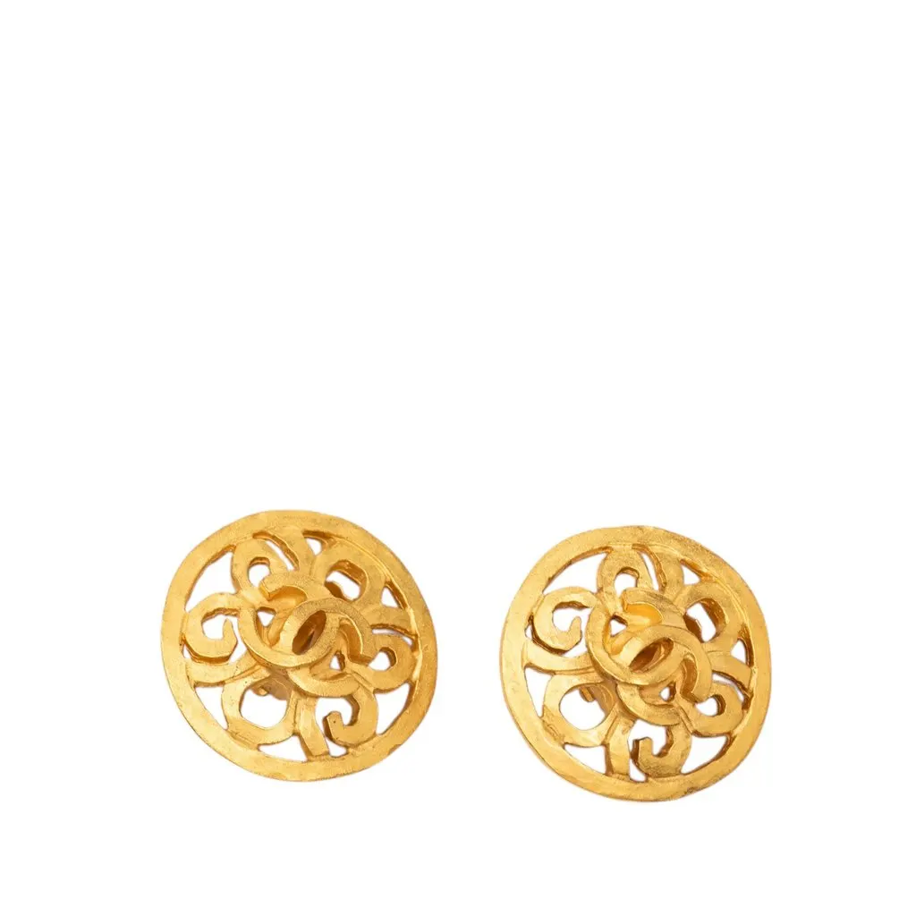 Chanel CC Gold Plated Round Clip On Earrings Gold Metal Very good - Front View
