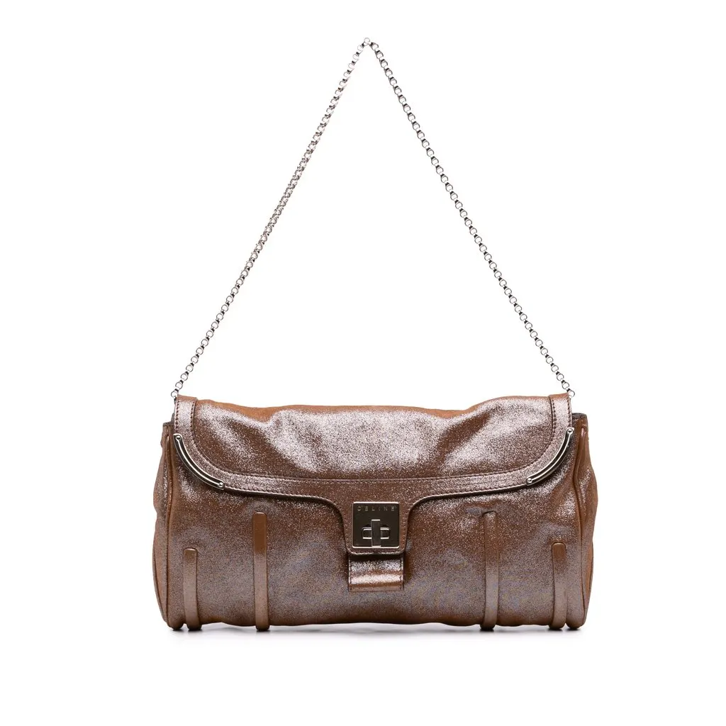 Celine Glitter Leather Chain Flap Brown Leather Good - Front View