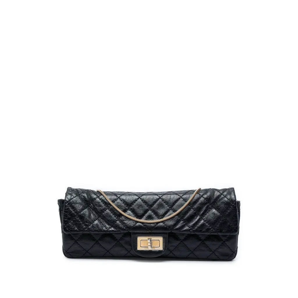 Chanel Quilted Glazed Calfskin Reissue 2.55 East West Single Flap Black Leather Very good - Front View