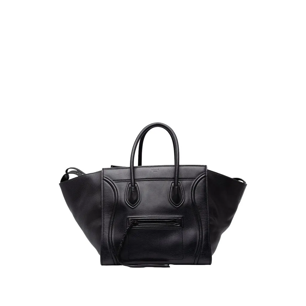Celine Medium Leather Phantom Luggage Tote Black Leather Good - Front View