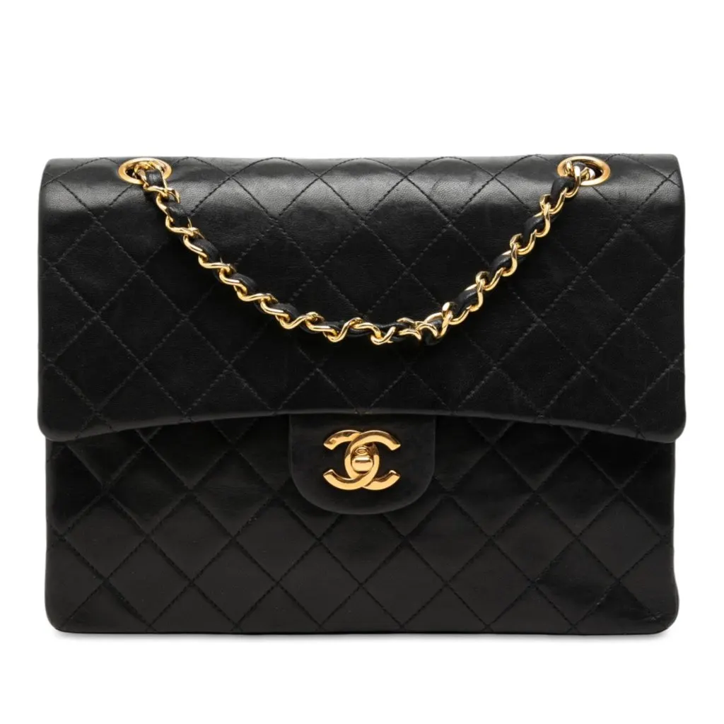Chanel Medium Tall Classic Lambskin Double Flap Black Leather Very good - Front View
