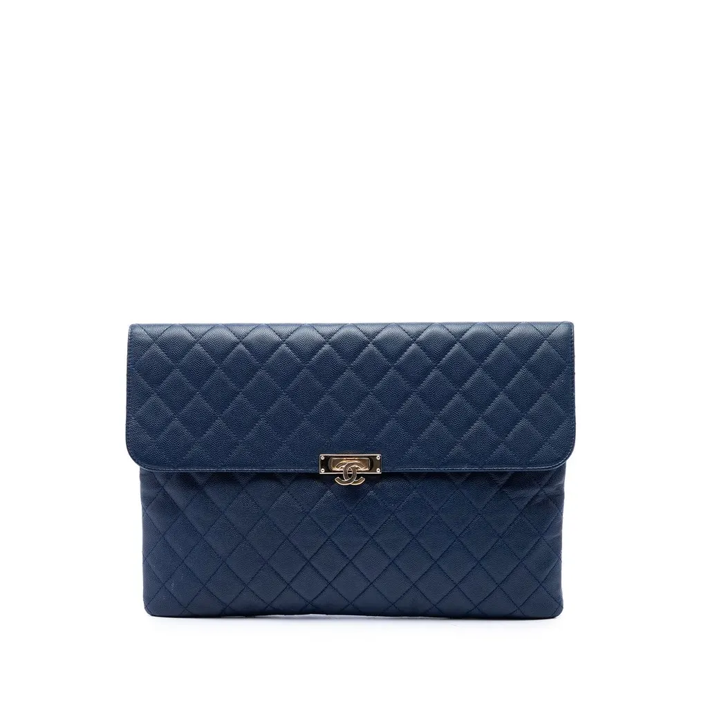 Chanel Large Quilted Caviar Golden Class O Case Clutch Blue Leather Very good - Front View