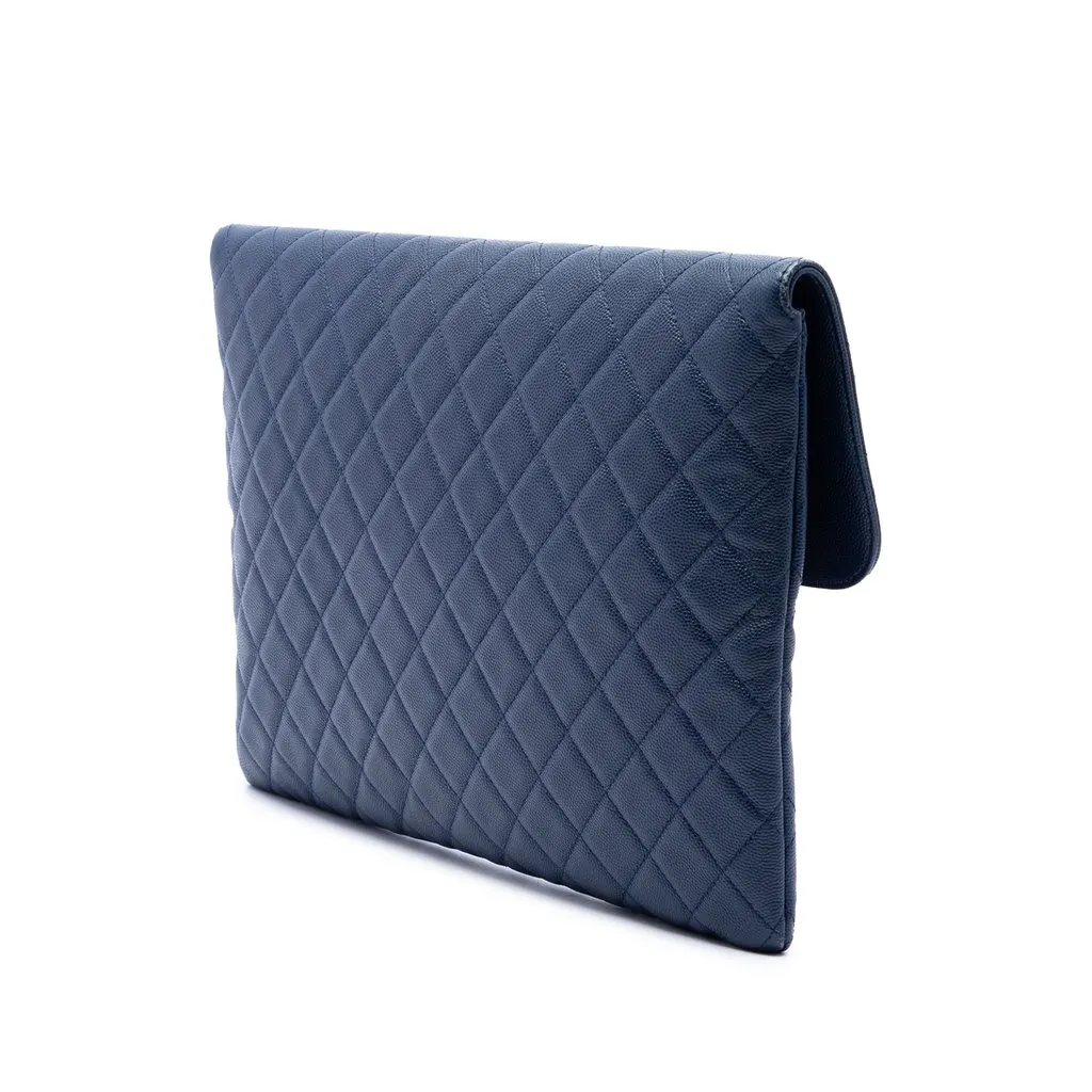 Chanel Large Quilted Caviar Golden Class O Case Clutch Blue Leather Very good - Back View