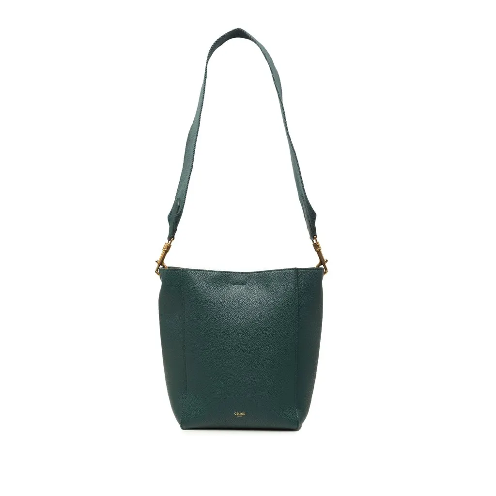 Celine Small Soft Grained Calfskin Seau Sangle Bucket Bag Green Leather Good - Front View