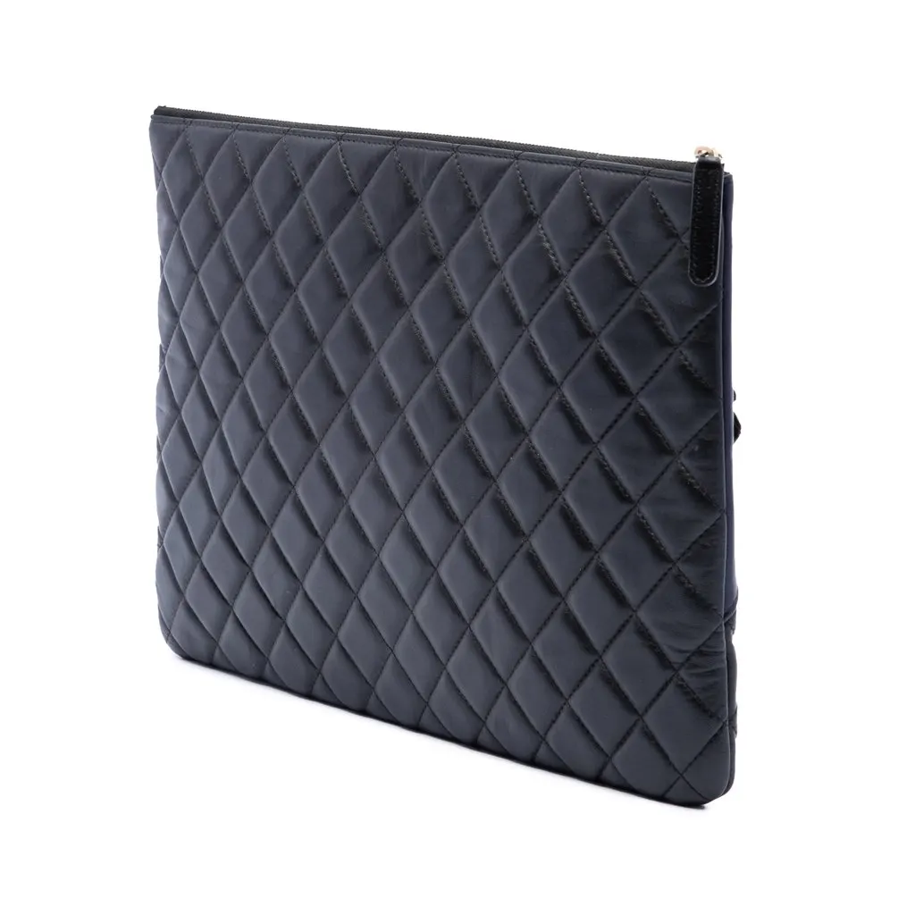 Chanel Large Quilted Lambskin Camellia O Case Clutch Black Leather Very good - Back View