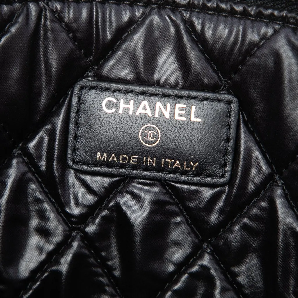Chanel Large Quilted Lambskin Camellia O Case Clutch Black Leather Very good - Box View
