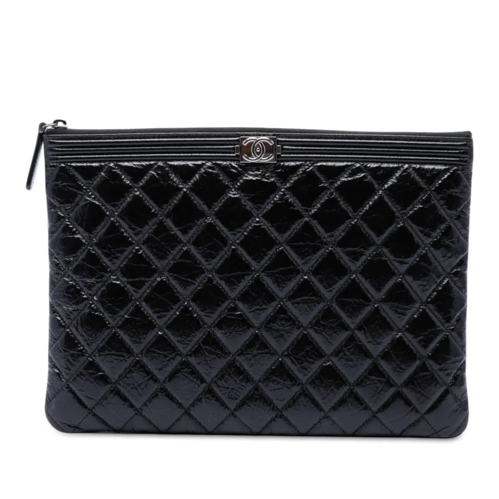 Chanel Medium Quilted Crinkled Patent Boy O Case Clutch Black Leather Very good - Front View