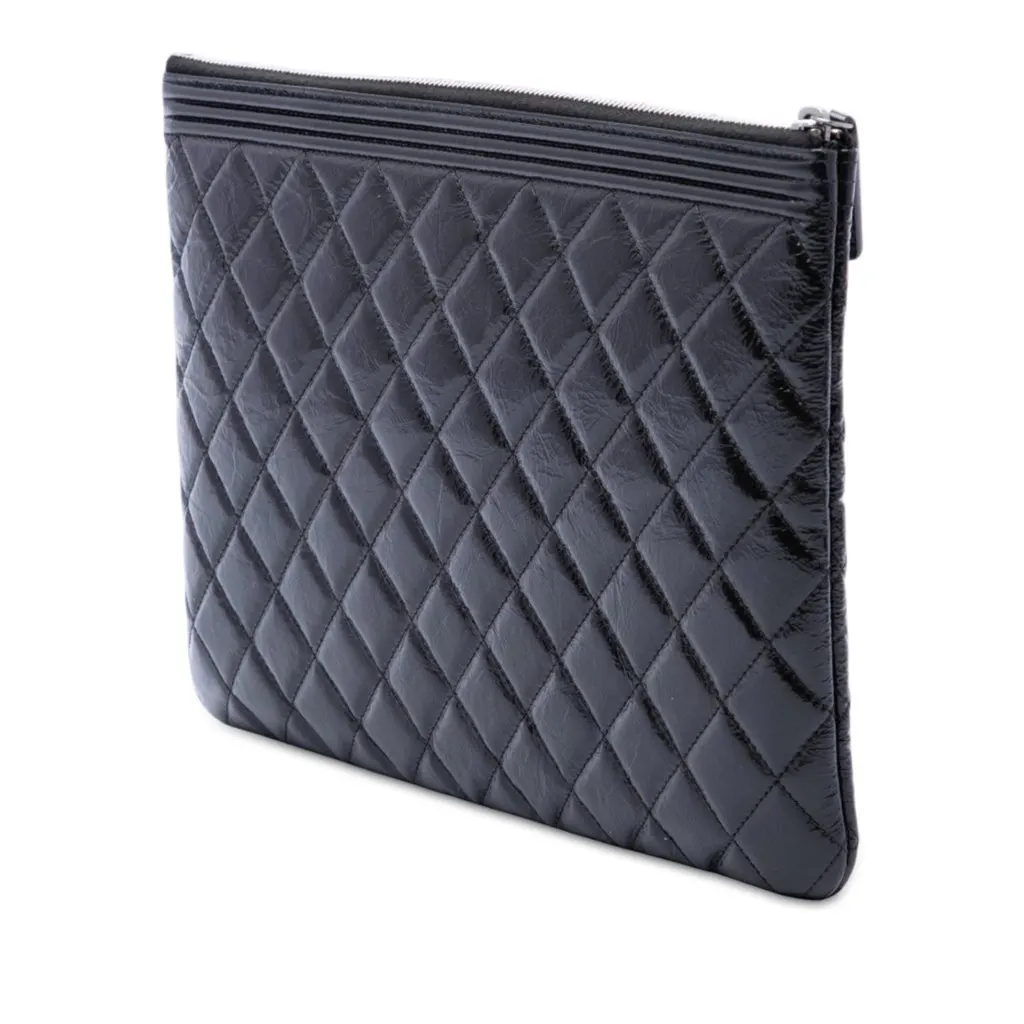 Chanel Medium Quilted Crinkled Patent Boy O Case Clutch Black Leather Very good - Back View